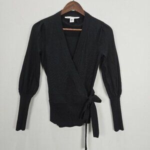Diane Von Furstenberg Wrap Cardigan S Black Merino Wool Bishop Sleeves Ballet
